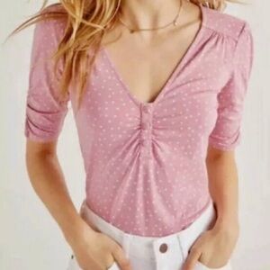 Boden Jane Jersey Polka’dot Top in Pink with White Dots